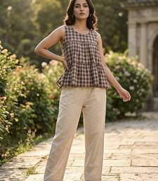 Coffee checks printed linen cotton top with bottom set