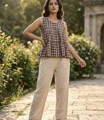 Coffee checks printed linen cotton top with bottom set