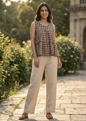 Coffee checks printed linen cotton top with bottom set 2