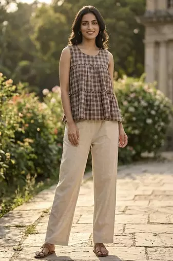 Coffee checks printed linen cotton top with bottom set