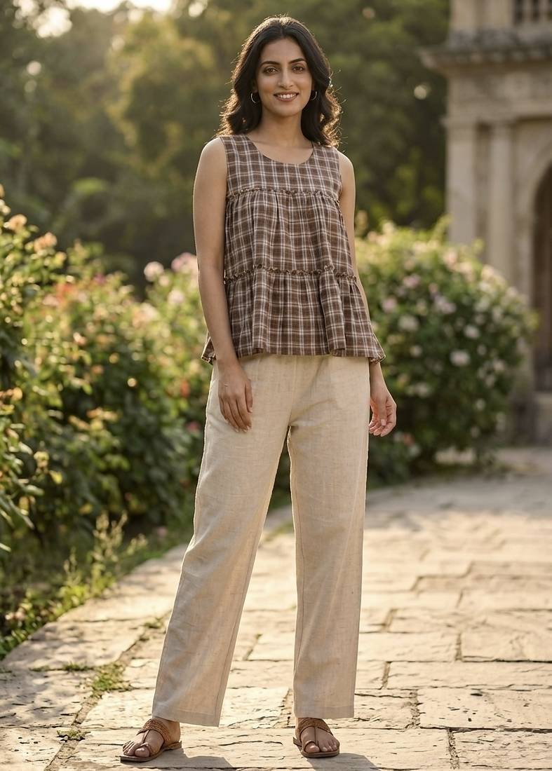 Coffee checks printed linen cotton top with bottom set