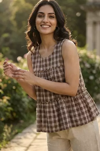 Coffee checks printed linen cotton top with bottom set