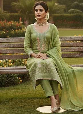 green weaved dani cotton unstitched dress material  3