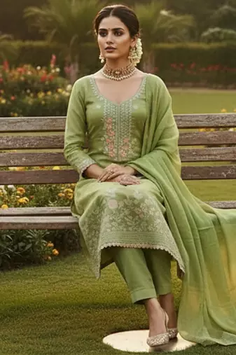 green weaved dani cotton unstitched dress material 