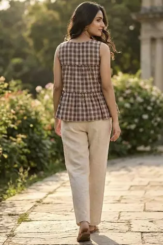 Coffee checks printed linen cotton top with bottom set