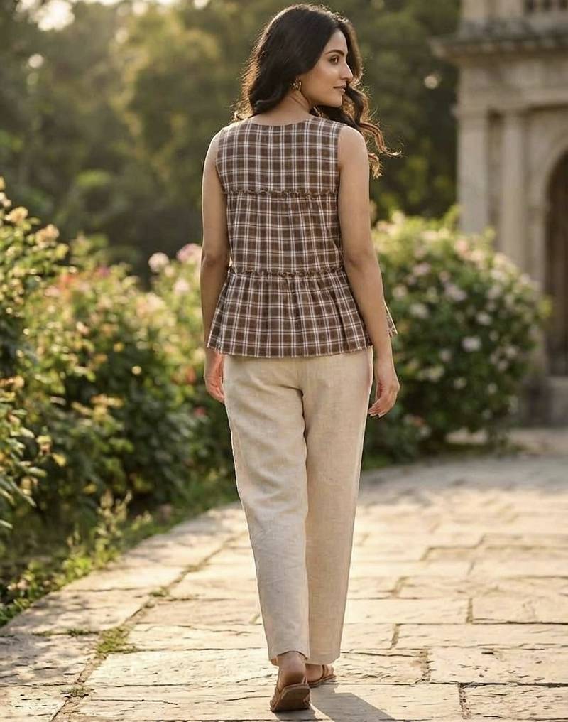Coffee checks printed linen cotton top with bottom set