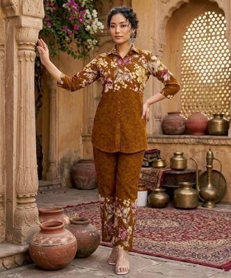 Mustard designer festive cotton co-ord set for women 1