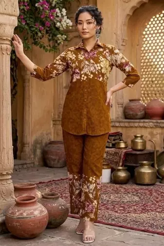 Mustard designer festive cotton co-ord set for women