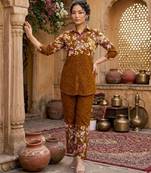 Mustard designer festive cotton co-ord set for women