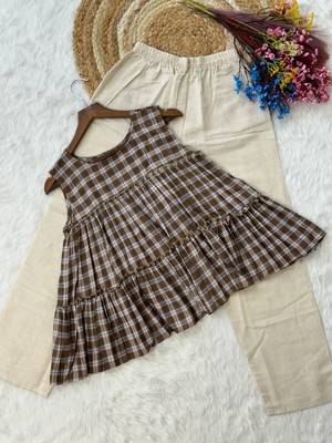 Coffee checks printed linen cotton top with bottom set 5