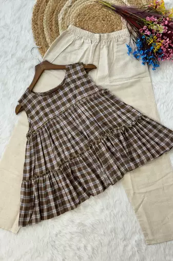 Coffee checks printed linen cotton top with bottom set