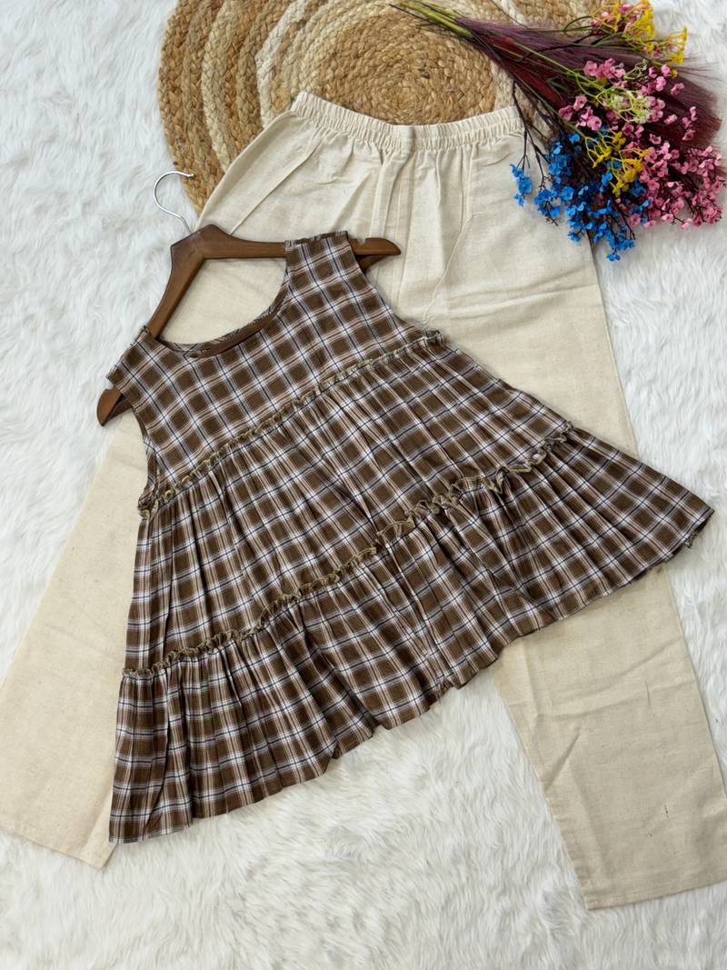 Coffee checks printed linen cotton top with bottom set