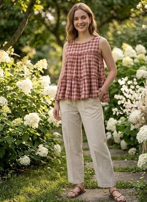 Maroon checks printed linen cotton top with bottom set 1