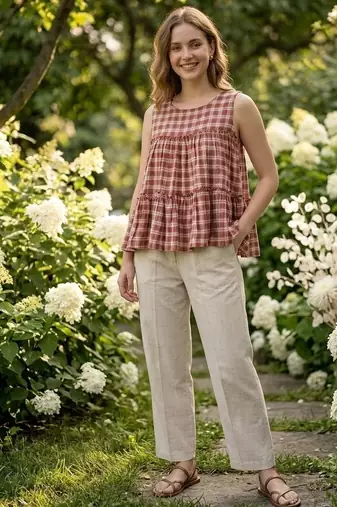 Maroon checks printed linen cotton top with bottom set