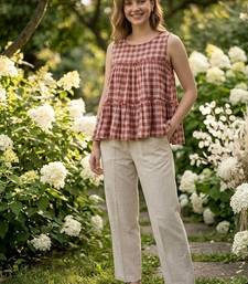 Maroon checks printed linen cotton top with bottom set