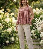 Maroon checks printed linen cotton top with bottom set