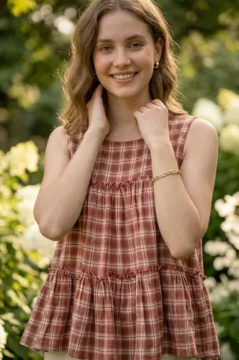 Maroon checks printed linen cotton top with bottom set