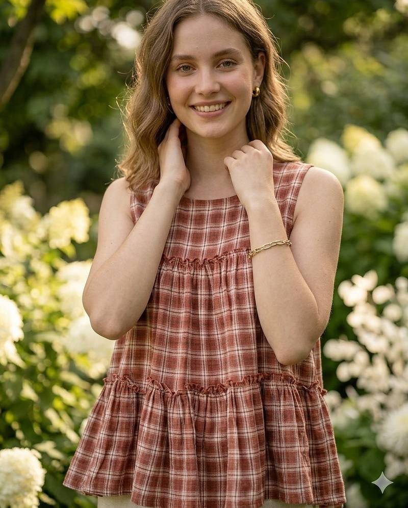 Maroon checks printed linen cotton top with bottom set