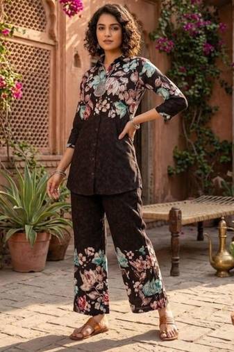 Brown designer festive cotton co-ord set for women