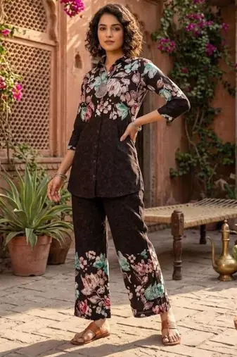 Brown designer festive cotton co-ord set for women