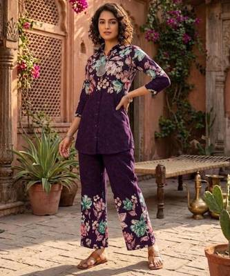 Purple designer festive cotton co-ord set for women 1