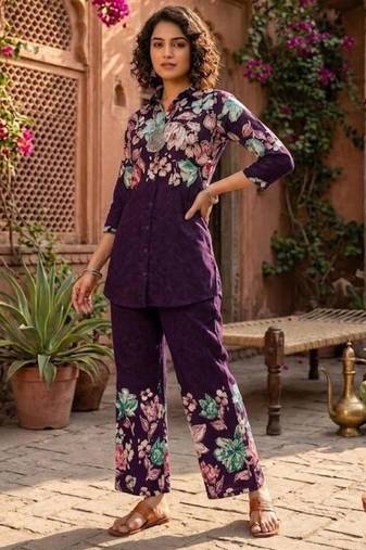 Purple designer festive cotton co-ord set for women