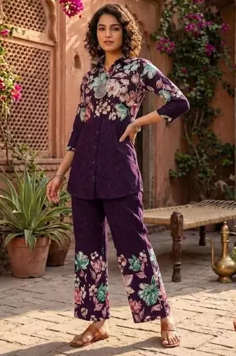 Purple designer festive cotton co-ord set for women