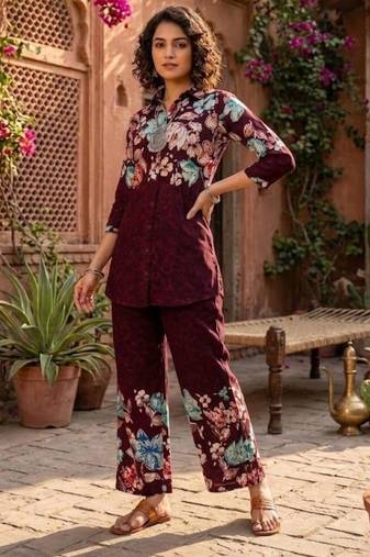 Maroon designer festive cotton co-ord set for women