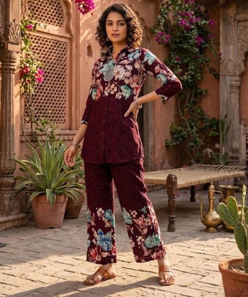 Maroon designer festive cotton co-ord set for women