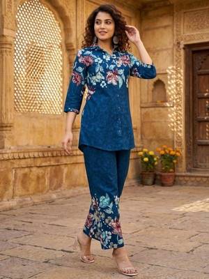 Blue designer festive cotton co-ord set for women 1