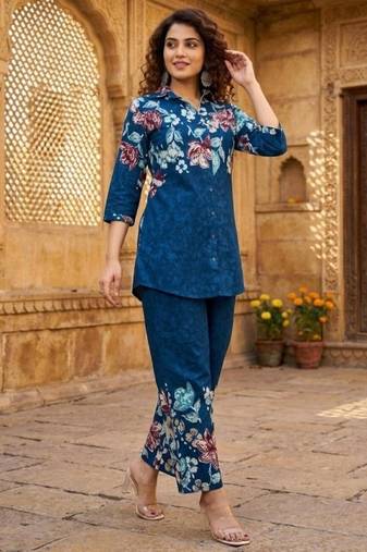 Blue designer festive cotton co-ord set for women