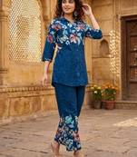 Blue designer festive cotton co-ord set for women