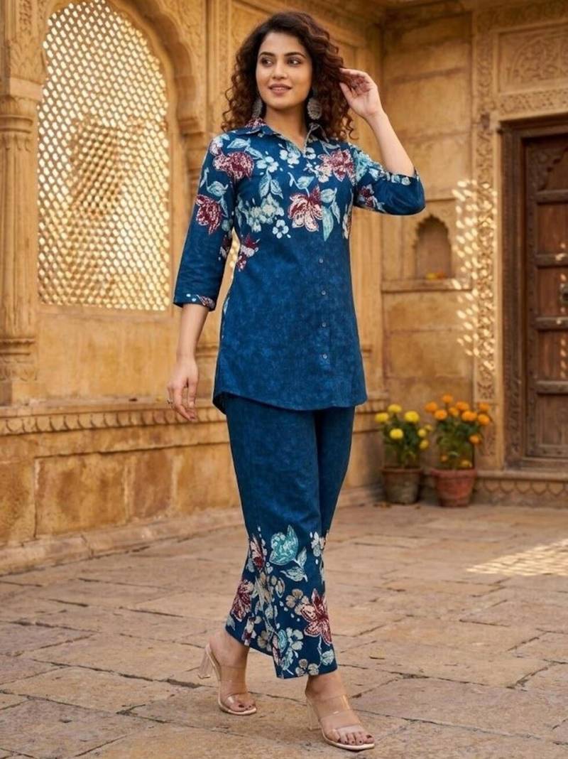Blue designer festive cotton co-ord set for women