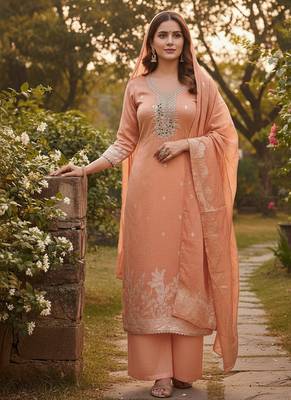 peach weaved dani cotton unstitched dress material  1