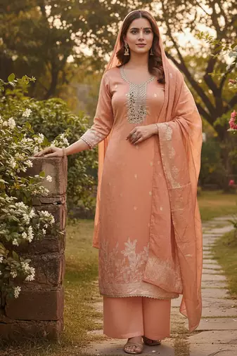 peach weaved dani cotton unstitched dress material 