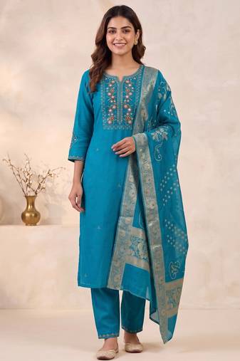 Firozi viscose mango silk kurti pant set with jacquard dupatta