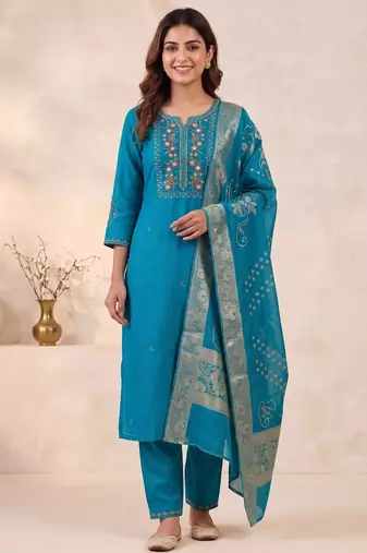Firozi viscose mango silk kurti pant set with jacquard dupatta