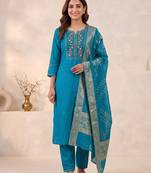 Firozi viscose mango silk kurti pant set with jacquard dupatta