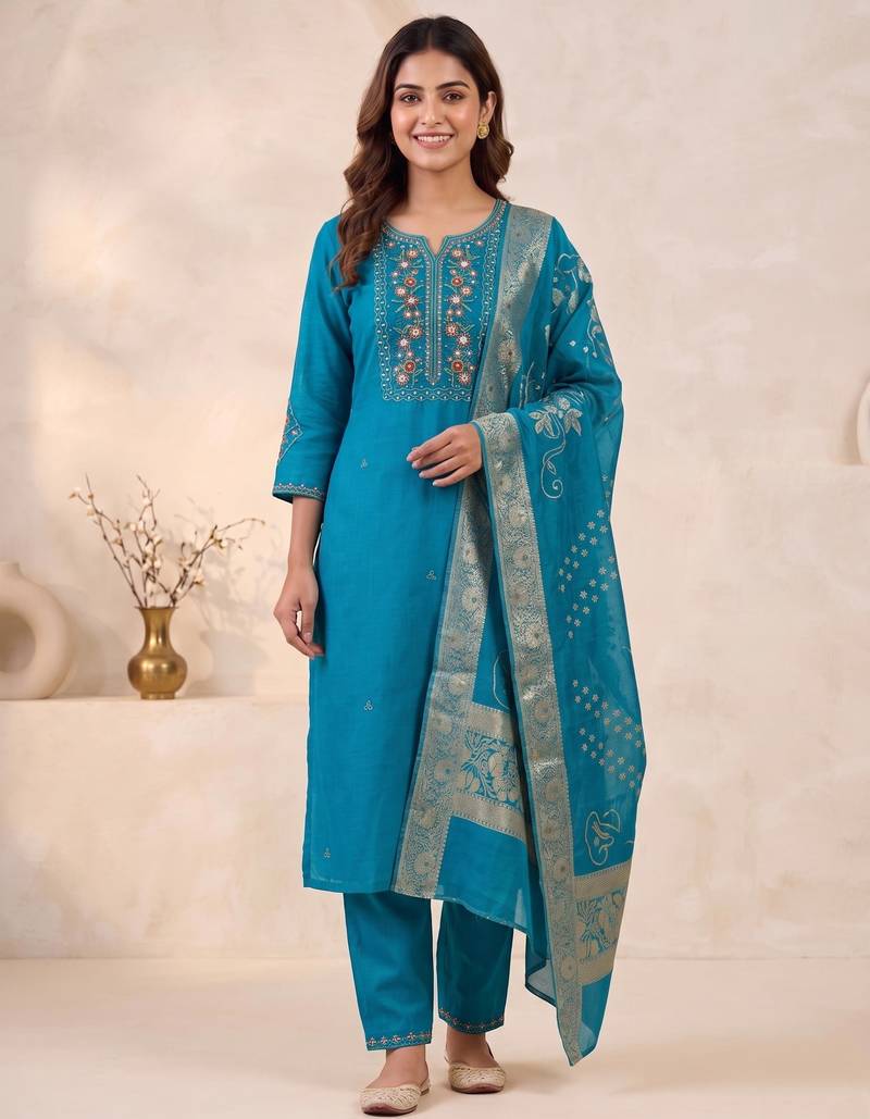 Firozi viscose mango silk kurti pant set with jacquard dupatta