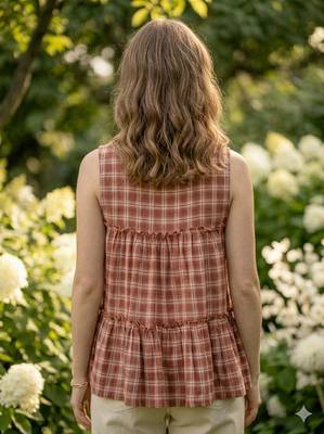 Maroon checks printed linen cotton top with bottom set 3