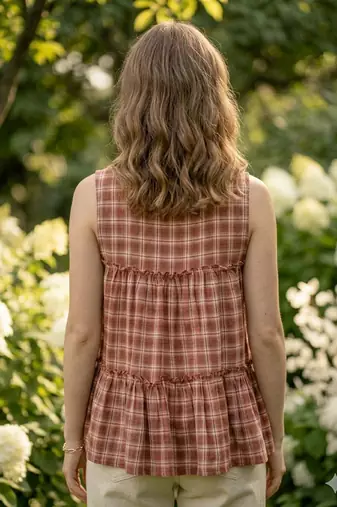 Maroon checks printed linen cotton top with bottom set