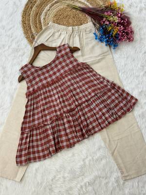 Maroon checks printed linen cotton top with bottom set 4