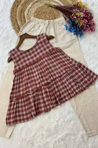 Maroon checks printed linen cotton top with bottom set