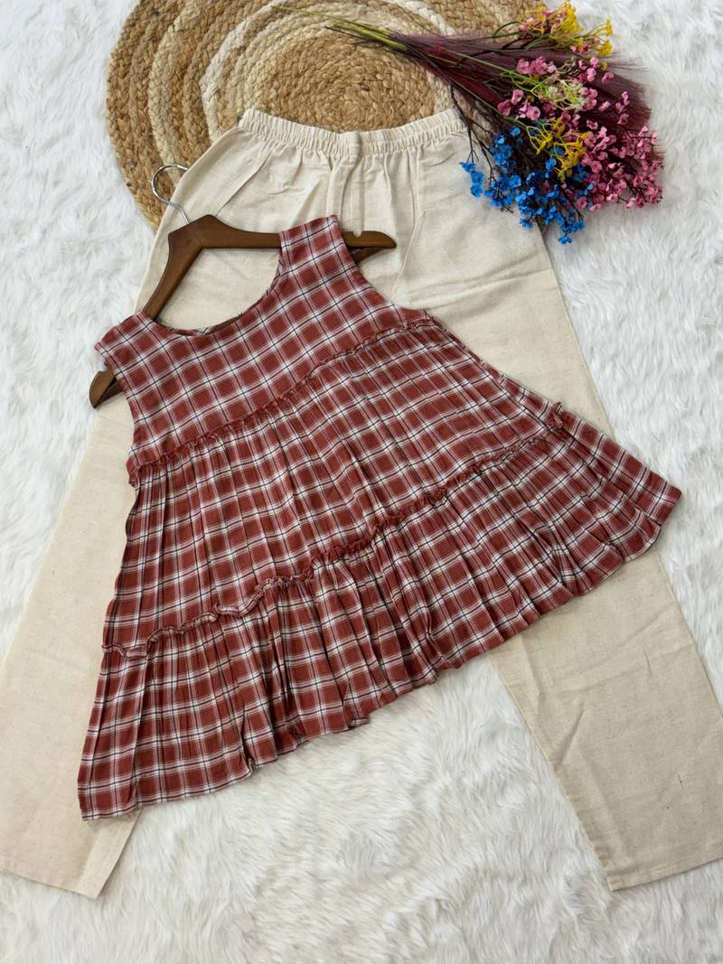 Maroon checks printed linen cotton top with bottom set