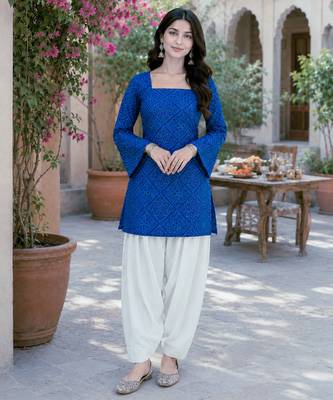 Blue bandhej print cotton top with bottom set 1