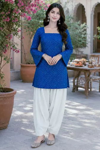 Blue bandhej print cotton top with bottom set