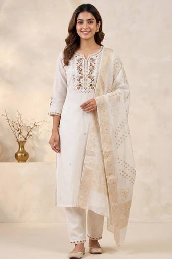 White viscose mango silk kurti pant set with jacquard dupatta