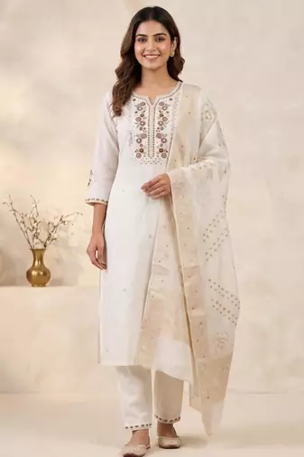 White viscose mango silk kurti pant set with jacquard dupatta