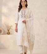 White viscose mango silk kurti pant set with jacquard dupatta