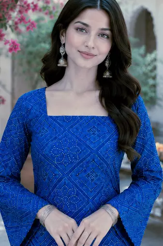 Blue bandhej print cotton top with bottom set